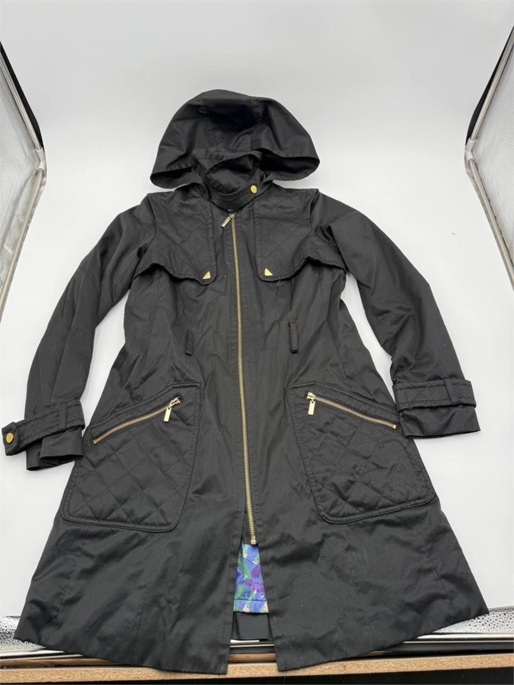 Women's Black Quilted Hooded Trench Coat with Gold Hardware